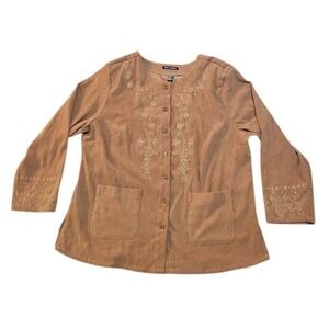 Club Z Collection Jacket Women 1X Tan Suede Embroidered Button Up Lightweight